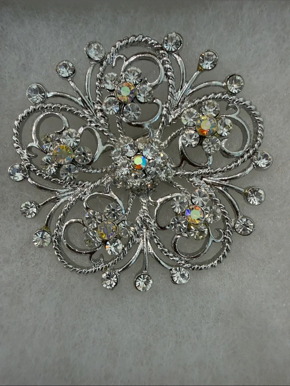 Silver Floral Crystal Brooch - Clear Rhinestone Accents